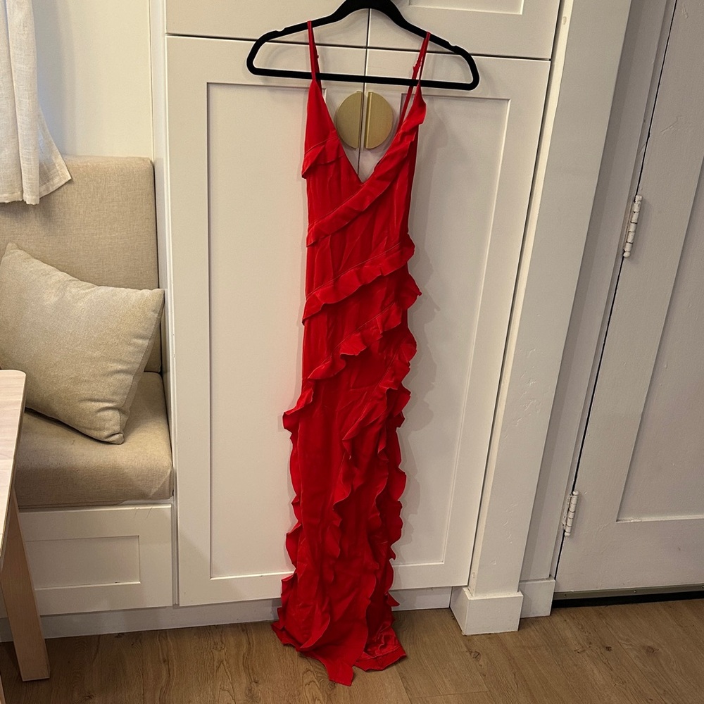 Red Ruffle-Trim Maxi Dress with Spaghetti Straps
